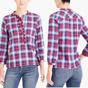 J. Crew Mercantile Ruffle Flannel Shirt Blue Red Plaid J6456 Size M
